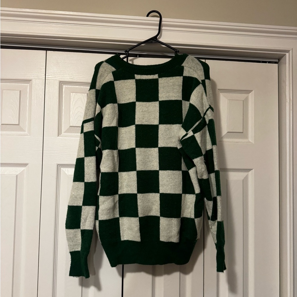 Green and White Checkered Sweater